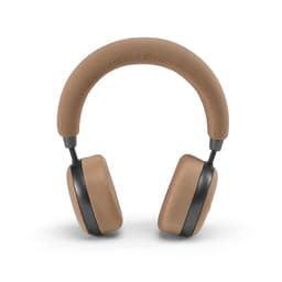 A pair of brown headphones with a fabric headband and black accents, featuring a sleek design.