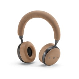 A pair of brown headphones with a fabric finish and black accents, featuring cushioned ear cups and a sleek design.