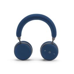 A pair of navy blue headphones with a fabric finish, featuring round ear cups and a curved headband.