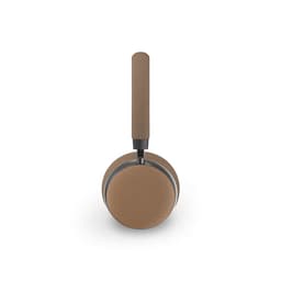 A pair of tan headphones with a textured finish, featuring a sleek design and adjustable headband.
