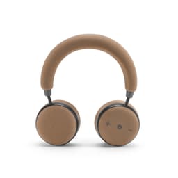 A pair of brown headphones with a padded headband and black accents, featuring buttons on the ear cups and a logo.