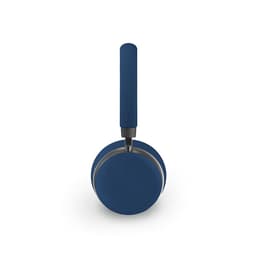 A pair of blue headphones with a textured handle and rounded ear cups. Features a logo on the side.