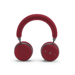 A pair of red headphones with fabric-covered ear cups and a sleek headband, featuring control buttons on the side.