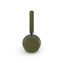 Green headphones with a textured texture headband and ear cups, featuring a logo on the side.