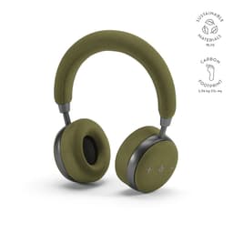 Olive green wireless headphones with fabric ear cushions and a plastic frame, featuring a logo on the side.