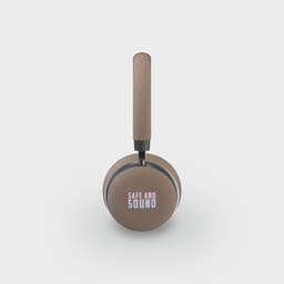 A pair of beige wireless headphones with a textured finish and a branded logo on the ear cup.