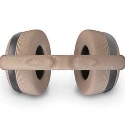 A pair of tan and black headphones with a textured design and a connecting band, featuring a logo.