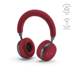 A pair of burgundy headphones with a padded headband and ear cups, featuring a logo. Made from sustainable materials.