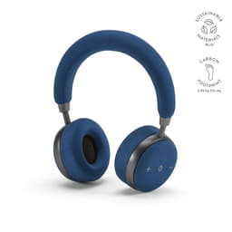 A pair of navy blue headphones with a fabric headband and circular ear cups. Features a logo and eco-friendly design elements.