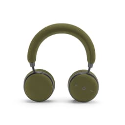 A pair of olive green headphones with a soft fabric finish and controls on the ear cups. Features a logo on the side.