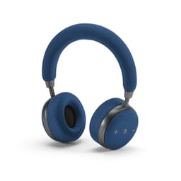 Blue headphones with a fabric finish, featuring adjustable ear cups and a sleek design, accompanied by a branding logo.