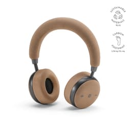 Bamboo and fabric over-ear headphones in a tan colour, featuring a logo and sustainable materials branding.