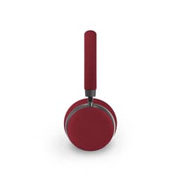 Red headphones with a textured handle and ear cups, featuring a sleek design and metallic accents.