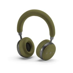 Green fabric Bluetooth headphones with cushioned ear cups and an adjustable headband. Features a logo on the side.