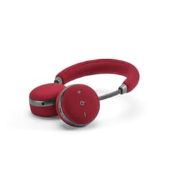 Red headphones with a fabric finish, featuring controls on the earcups and a curved headband. Brands logo present.