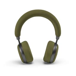 A pair of olive green headphones with a soft fabric finish and a sleek design. They feature a branded logo.