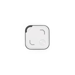 A square white and black device with rounded corners, featuring a smooth surface and a logo.