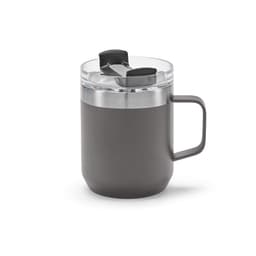 A drink bottle featuring a double wall, rotating lid, and a dark grey body with a transparent top section.