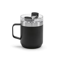 A drink bottle in matte black with a stainless steel band and a clear rotating lid, featuring a handle and a logo.