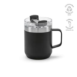 A drink bottle with a black body, double wall, rotating lid, and a clear top. It features a handle and branding.
