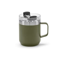 A drink bottle in olive green with a double wall, rotating lid, and a clear top. Features a handle and logo.