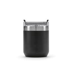 A drink bottle featuring a double wall design, rotating lid, and a sleek black exterior with a stainless steel top.