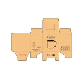 A packaging box for a Shinano travel mug, featuring a simple design and a logo. The box is brown with various symbols.