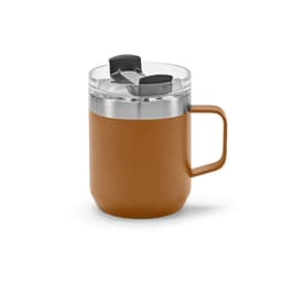 A drink bottle with a brown exterior, clear lid, rotating top, and a handle. Features include double wall insulation and a logo.