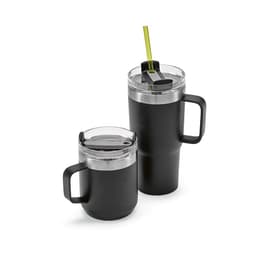A drink bottle set featuring a black double wall mug and a larger black mug with a transparent lid and straw.