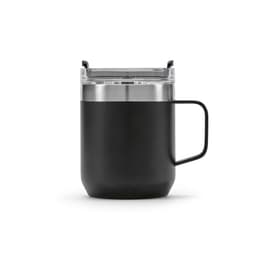 A drink bottle with a double wall, rotating lid, and a black exterior. It features a transparent top and a handle.