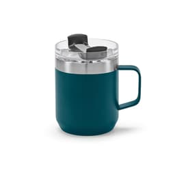 A drink bottle with a teal body, stainless steel band, transparent lid, and a rotating opening mechanism.