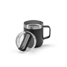 A drink bottle in matte black with a stainless steel interior and a transparent rotating lid, featuring a handle.