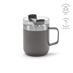 A drink bottle with a double wall, rotating lid, in grey with a transparent top and a handle, featuring a logo.