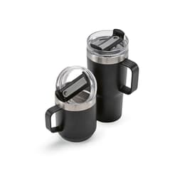 A drink bottle set featuring two black mugs with clear rotating lids and stainless steel accents.