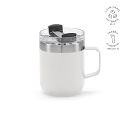 A drink bottle with a white exterior, double wall, rotating lid, and a handle. It features a logo.