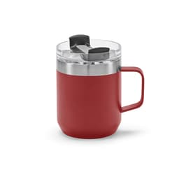 A drink bottle in red with a stainless steel band, featuring a clear rotating lid and a handle.