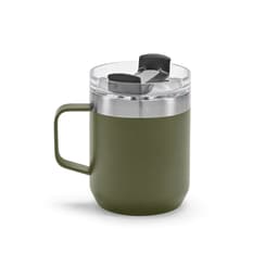 A drink bottle with a double wall design, rotating lid, and an olive green finish, featuring a handle and a logo.