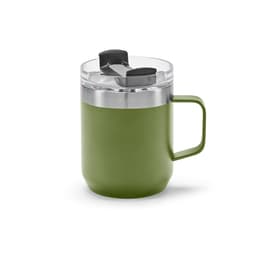 A drink bottle with a double wall design, rotating lid, and a green exterior. It features a clear top and handle.