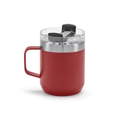 A drink bottle featuring a red double-wall design with a clear rotating lid and a sturdy handle. It has a logo on it.