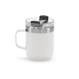 A drink bottle featuring a white body, stainless steel band, rotating lid, and a handle. It has a logo on the side.
