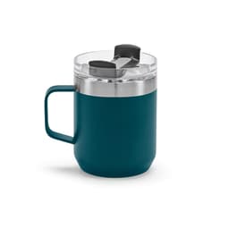 A drink bottle featuring a teal body, double wall construction, and a rotating lid, with a carrying handle.