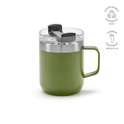 A drink bottle in green with a stainless steel band and a black rotating lid, featuring a handle and a logo.