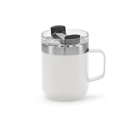 A drink bottle featuring a white exterior, stainless steel rim, and a transparent rotating lid. It has a handle and a logo.