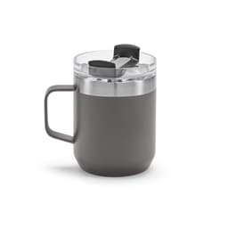A drink bottle featuring a double wall, rotating lid, and a dark grey exterior with a stainless steel band.