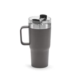 A drink bottle in matte dark grey with a double wall, rotating lid, and a sturdy handle. It features a logo.