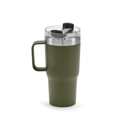 A drink bottle in olive green with a double wall, rotating lid, and a sturdy handle. It features a logo on the side.