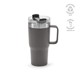 A drink bottle featuring a dark grey exterior, double wall design, rotating lid, and a sturdy handle.