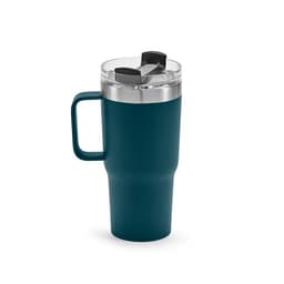A drink bottle with a double wall, rotating lid and a teal exterior, featuring a handle and clear top.