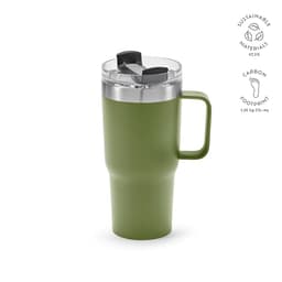 A drink bottle in matte green with a transparent rotating lid and a handle, featuring a logo.