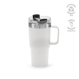 A drink bottle with a white double wall, rotating lid, and handle, featuring a stainless steel accent and a logo.